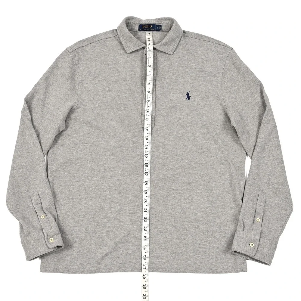 Polo Ralph Lauren Minimalist Men's Large Grey Mesh Long Sleeve Polo Shirt Preppy